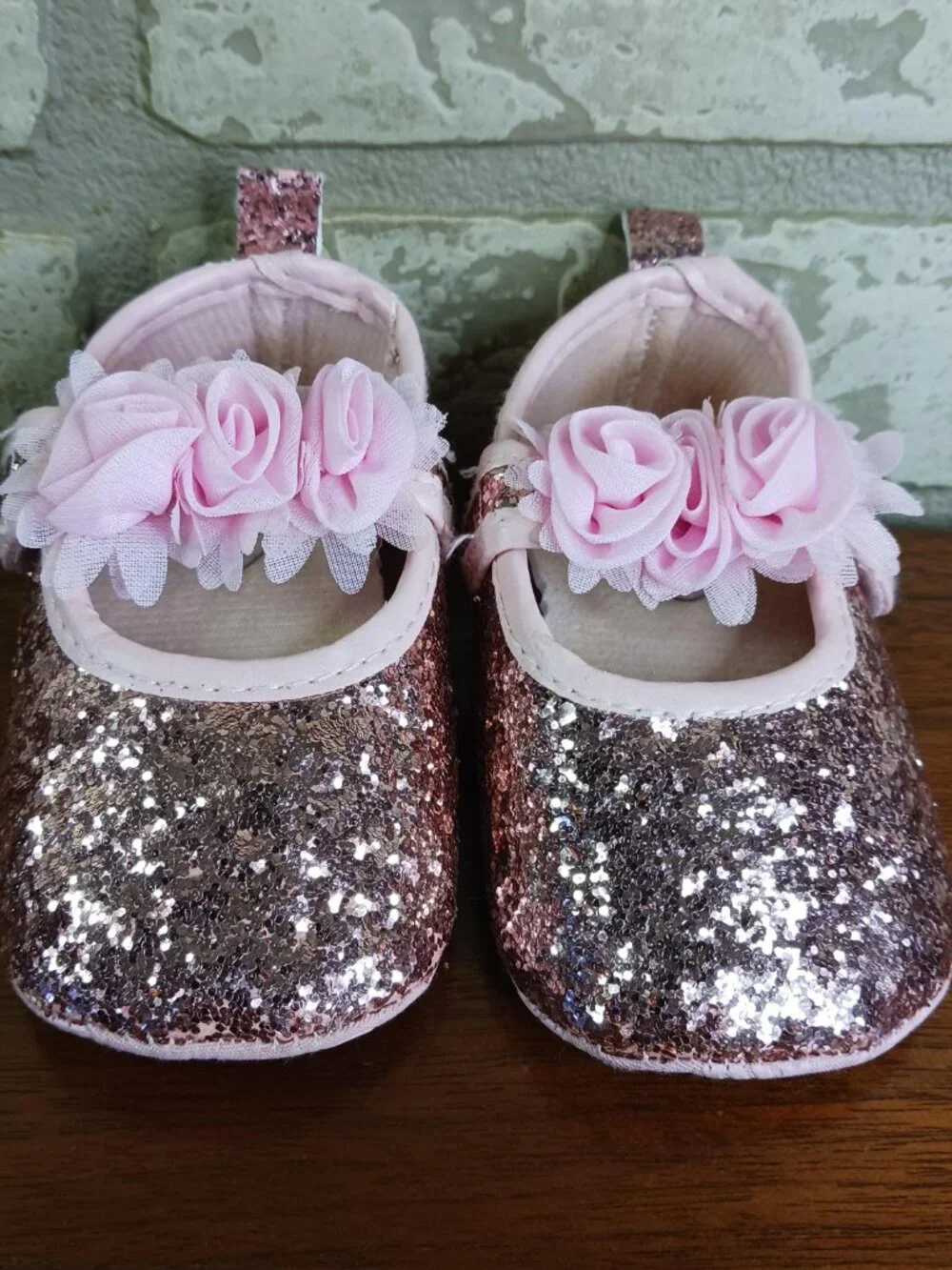 Little Girls Size 5 Mary Jane Shoes Pink Glitter Dress Shoes Chiffon Flower